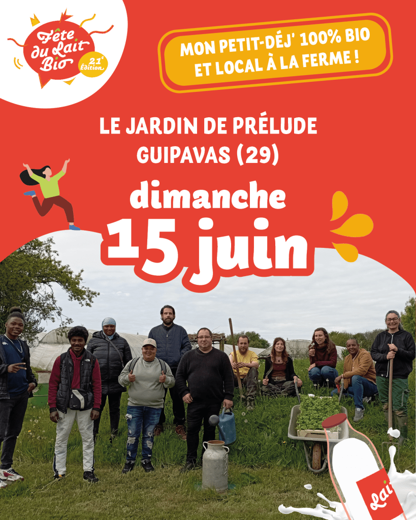 affiche de la fête du lait bio au jardin de Prélude à Brest-Guipavas le 15 juin 2025