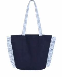 sac magazelle bleu marine eavec anses et frou frou vichy bleu clair confectionné par l'atelier couture de Prélude